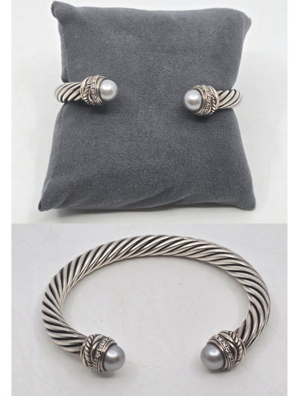David Yurmam Sterling Silver Cable Cuff Bracelet With Gray Pearls 7mm